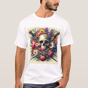 Skull, Flower, and Sword Design T-Shirt
