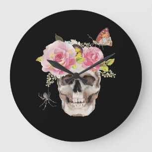 Skull Flowers Butterfly Spider Halloween Gift Large Clock