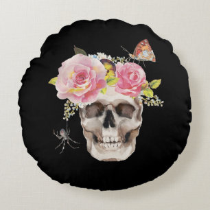 Skull Flowers Butterfly Spider Halloween Gift Round Cushion
