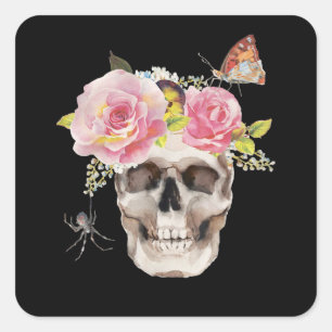Skull Flowers Butterfly Spider Halloween Gift Square Sticker
