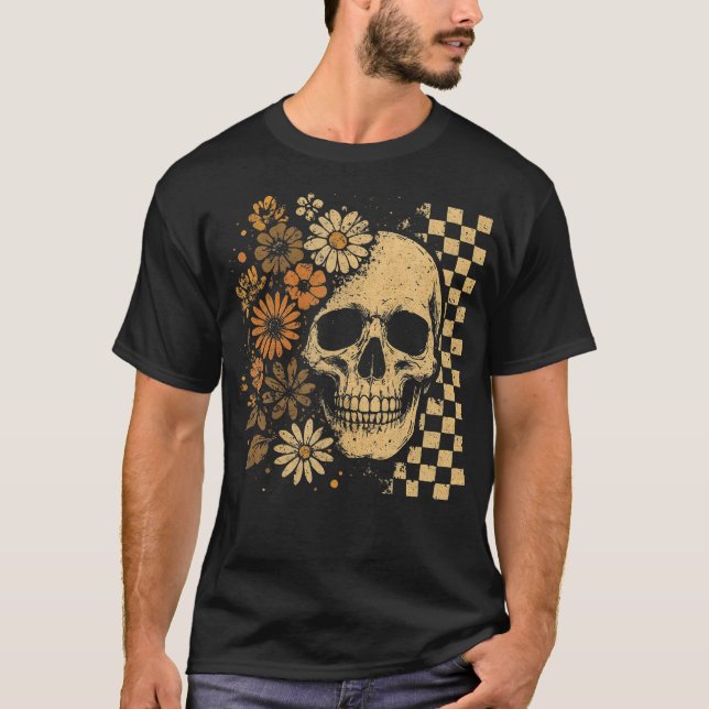 Skull  Flowers Checkerboard Grunge Tee (Front)