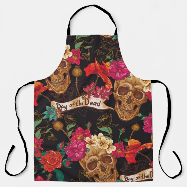 Skull Flowers Day Dead Background Apron (Front)