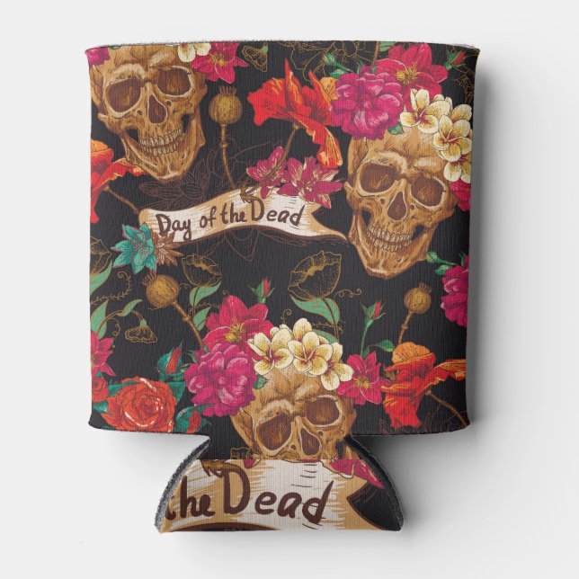 Skull Flowers Day Dead Background Can Cooler (Front)