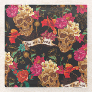 Skull Flowers Day Dead Background Glass Coaster