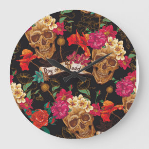 Skull Flowers Day Dead Background Large Clock