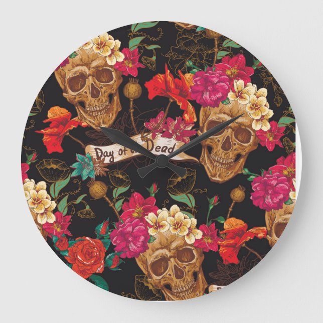 Skull Flowers Day Dead Background Large Clock (Front)