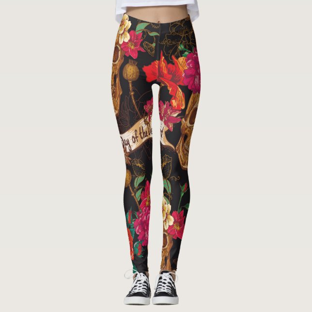 Skull Flowers Day Dead Background Leggings (Front)