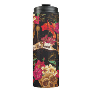 Skull Flowers Day Dead Background Thermal Tumbler