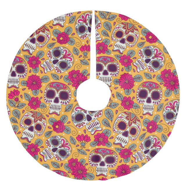 Skull Flowers: Mexican Day Background Brushed Polyester Tree Skirt (Front)