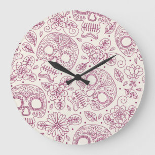 Skull Flowers: Mexican Day Seamless. Large Clock