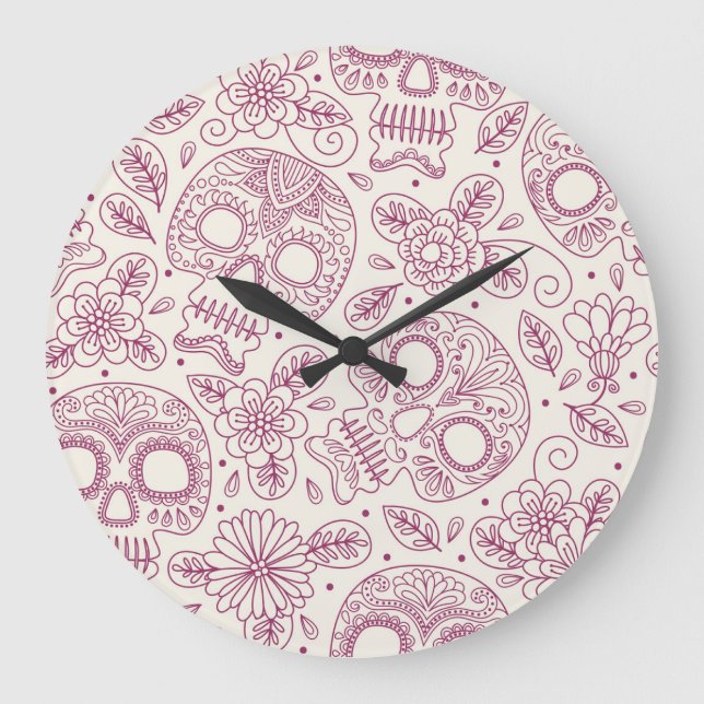 Skull Flowers: Mexican Day Seamless. Large Clock (Front)