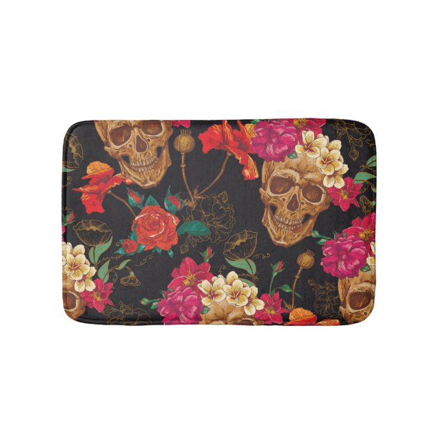 Skull Flowers: Seamless Dark Background. Bath Mat (Front)