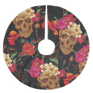 Skull Flowers: Seamless Dark Background. Brushed Polyester Tree Skirt