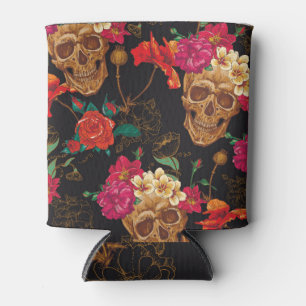 Skull Flowers: Seamless Dark Background. Can Cooler