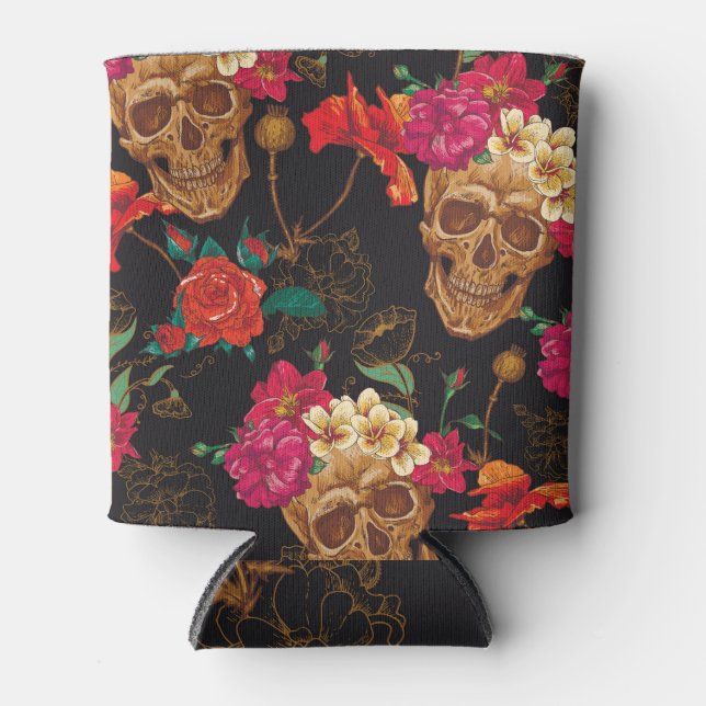 Skull Flowers: Seamless Dark Background. Can Cooler (Front)