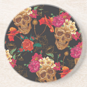 Skull Flowers: Seamless Dark Background. Coaster