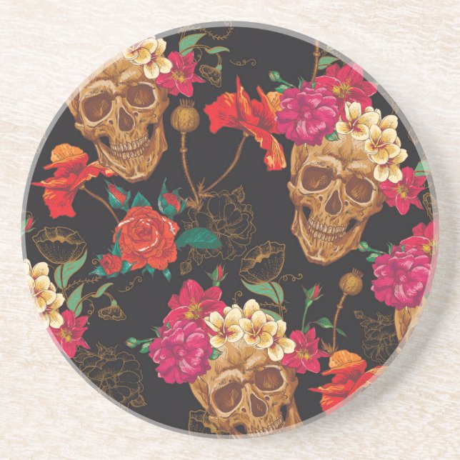 Skull Flowers: Seamless Dark Background. Coaster (Front)