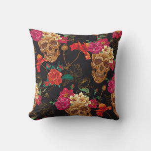 Skull Flowers: Seamless Dark Background. Cushion