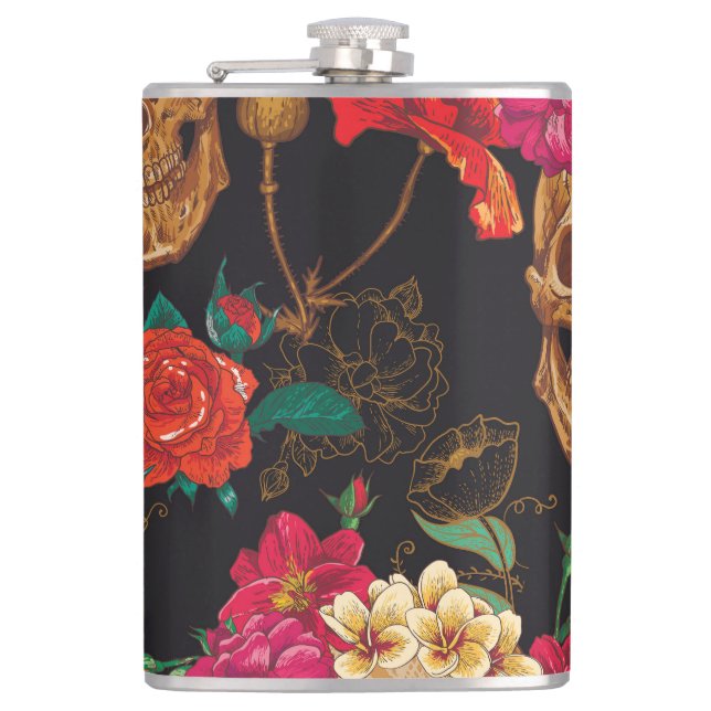 Skull Flowers: Seamless Dark Background. Hip Flask (Front)