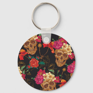 Skull Flowers: Seamless Dark Background. Key Ring
