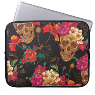Skull Flowers: Seamless Dark Background. Laptop Sleeve