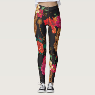 Skull Flowers: Seamless Dark Background. Leggings