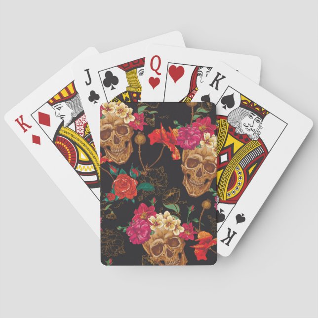 Skull Flowers: Seamless Dark Background. Playing Cards (Back)