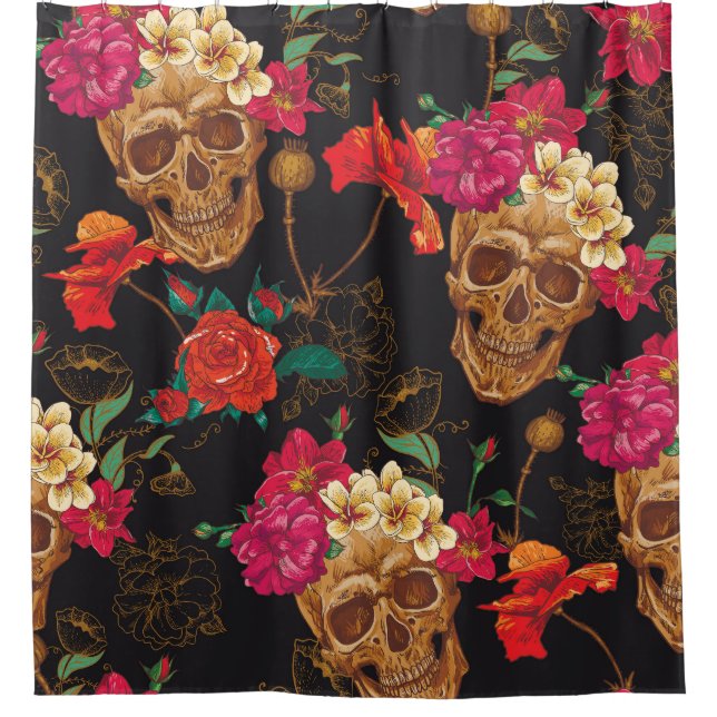 Skull Flowers: Seamless Dark Background. Shower Curtain (Front)