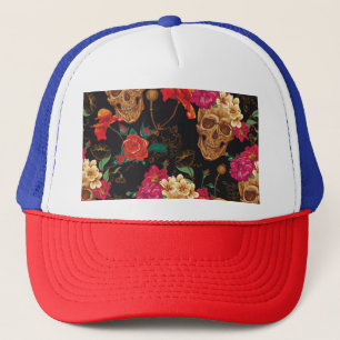 Skull Flowers: Seamless Dark Background. Trucker Hat