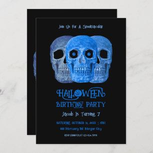 Skull Funny Gothic Blue Black Halloween Birthday Invitation