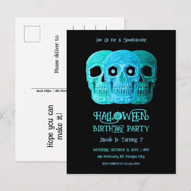 Skull Funny Gothic Blue Teal Halloween Birthday Invitation Postcard (Front/Back)