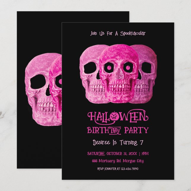 Skull Funny Gothic Girly Pink Halloween Birthday Invitation (Front/Back)