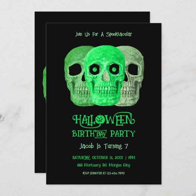 Skull Funny Gothic Green Black Halloween Birthday Invitation (Front/Back)