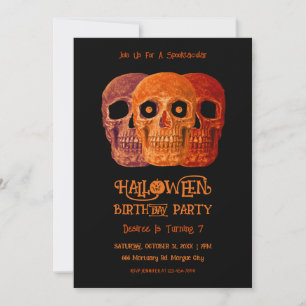 Skull Funny Gothic Orange Black Halloween Birthday Invitation