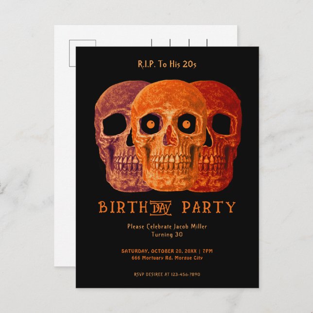 Skull Funny Orange Gothic Birthday RIP To His 20s Invitation Postcard (Front/Back)