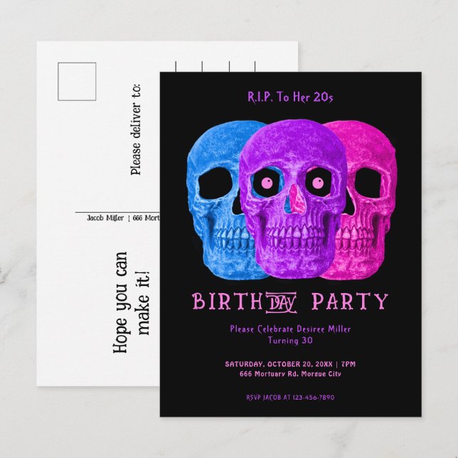 Skull Funny Purple Gothic Birthday RIP To Her 20s Invitation Postcard (Front/Back)