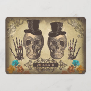 Skull gay couple Victorian Gothic Wedding Invite
