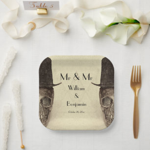 Skull Gay Mr And Mr Vintage Retro Sepia Wedding Paper Plate