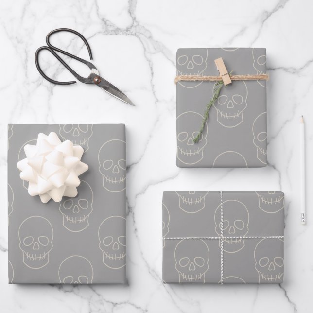 Skull - Ghost Grey and Bone White Wrapping Paper Sheet (Front)