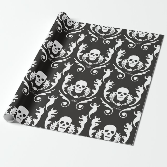 Skull & Ghosts Damask Wrapping Paper (Unrolled)