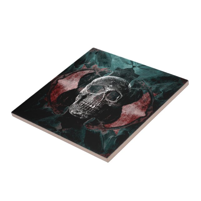 Skull Gothic Floral Teal Black Red Grunge Texture Ceramic Tile (Side)