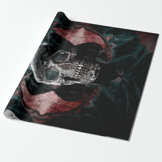 Skull Gothic Floral Teal Black Red Grunge Texture Wrapping Paper (Unrolled)