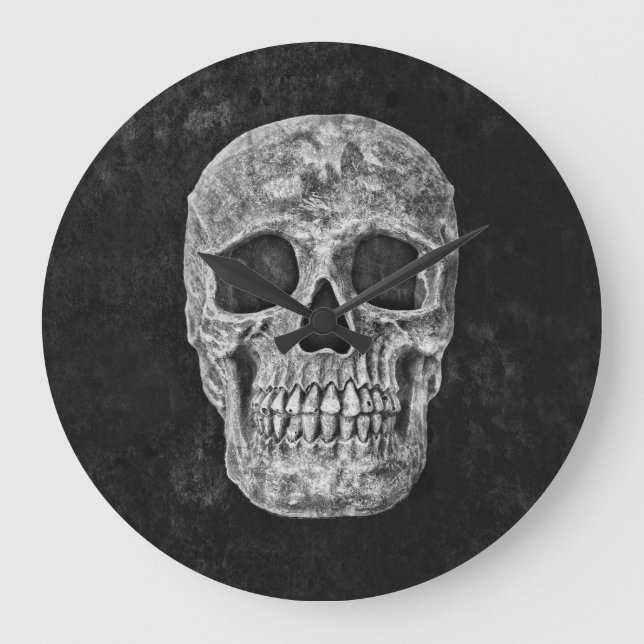 Skull Gothic Grunge Black And White Old Texture Large Clock (Front)