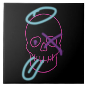 Skull graffiti - Pink, Purple, Blue and Black Ceramic Tile