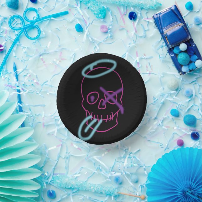 Skull graffiti - Pink, Purple, Blue and Black Paper Plate (Party)