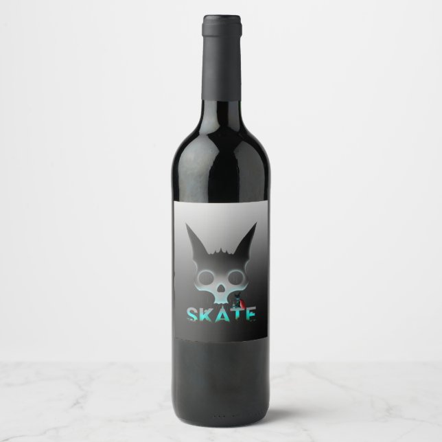 Skull Graffiti Skater Cat Wine Label (Front)