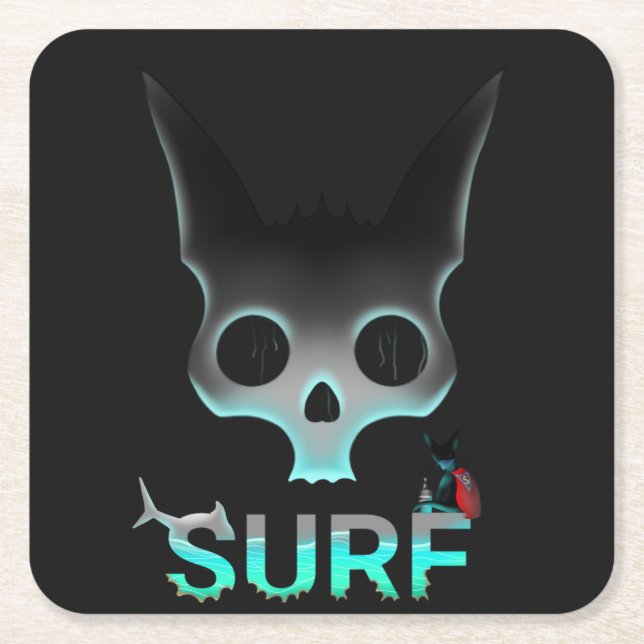 Skull Graffiti Surf Cat Square Paper Coaster (Front)