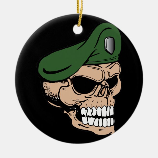 Skull Green Beret Ceramic Tree Decoration (Front)