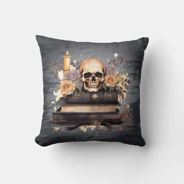 Skull Grey and Gold Roses Black Halloween Cushion (Front)