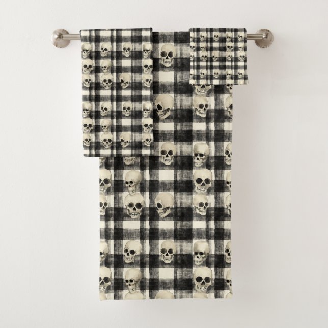 Skull Grid – Macabre Geometry in Monochrome Bath Towel Set (Insitu)